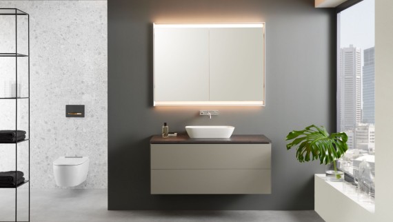 Mueble bajo para lavabo Geberit ONE en color greige con mecanismo push-to-open