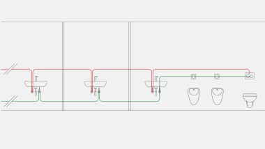 Ejemplo de tuberías de agua potable para control de tiempo con descarga higiénica Geberit integrada en la cisterna empotrada