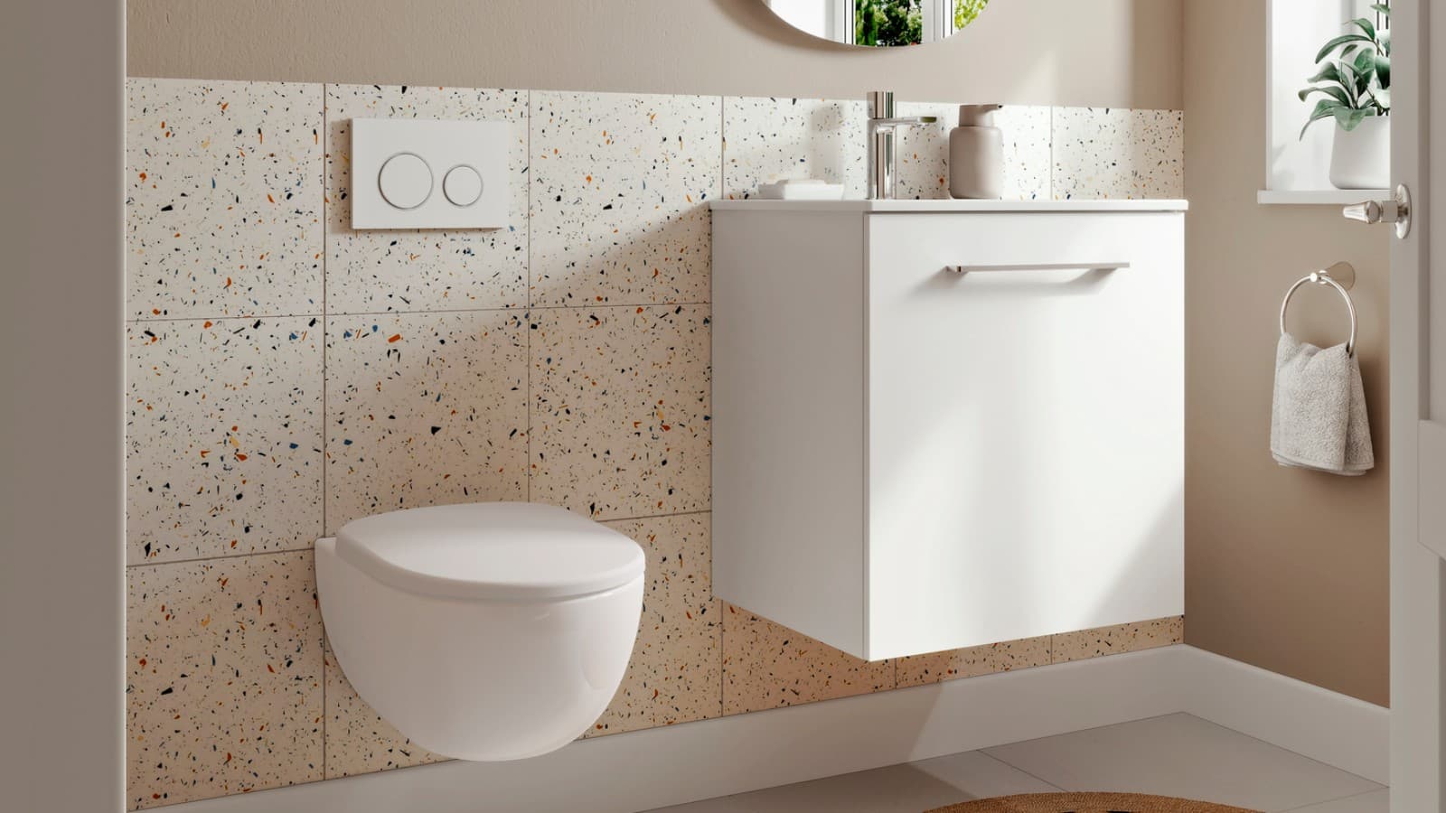 Aseo con inodoro, lavabo y mueble suspendidos de la serie Geberit Selnova Aseo con inodoro, lavabo y mueble suspendidos de la serie Geberit Selnova