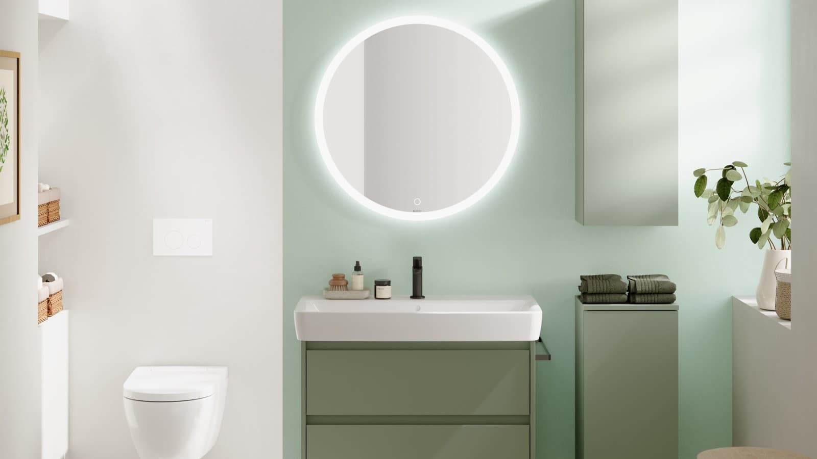 Muebles Geberit Selnova Square en verde combinados con blanco intenso Muebles Geberit Selnova Square en verde combinados con blanco intenso