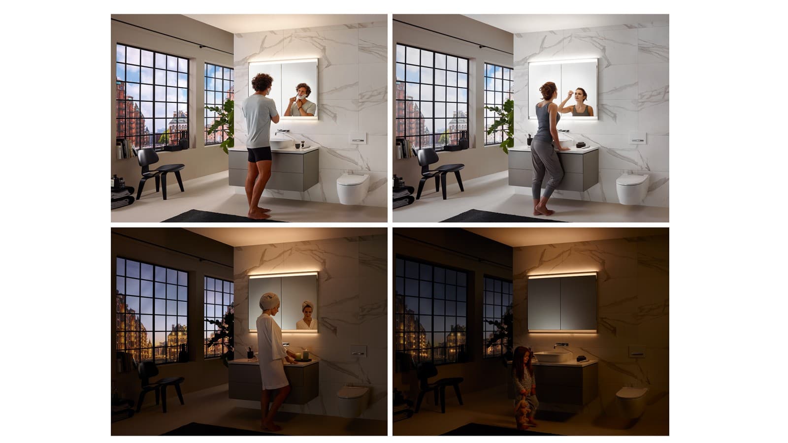Diferentes ambientes de iluminación en el baño con el sistema Geberit ComfortLight (© Geberit) Diferentes ambientes de iluminación en el baño con el sistema Geberit ComfortLight (© Geberit)