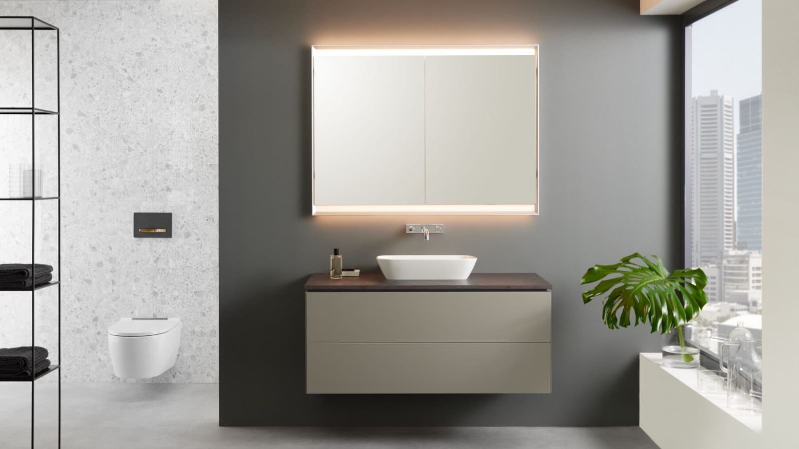 Mueble bajo para lavabo Geberit ONE en color greige con mecanismo push-to-open Mueble bajo para lavabo Geberit ONE en color greige con mecanismo push-to-open