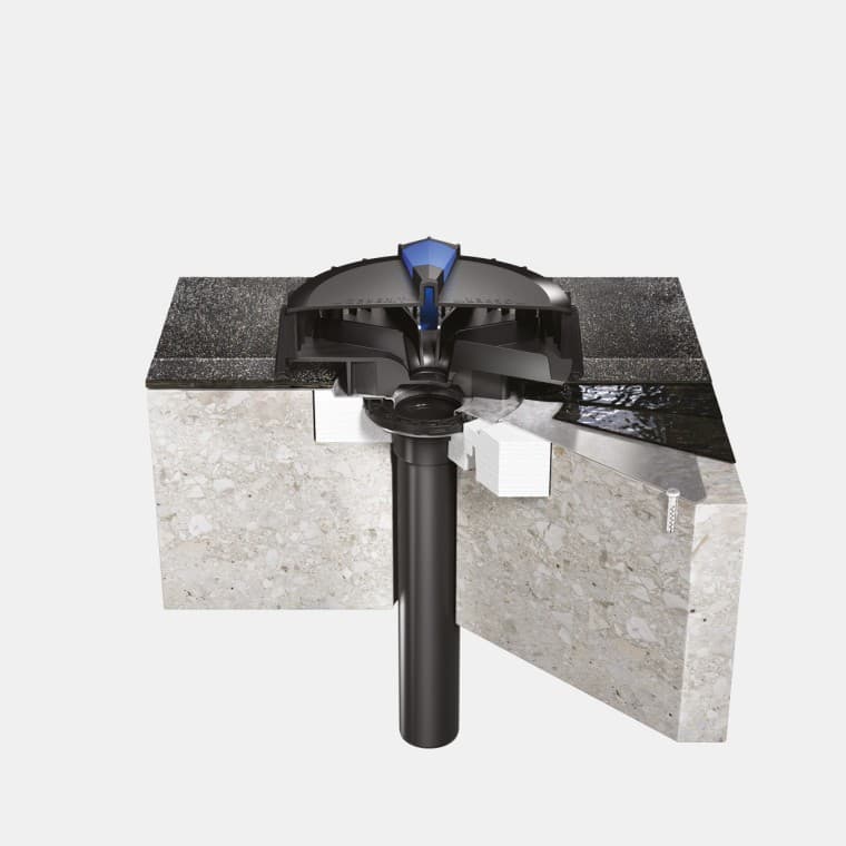 Instalación de Geberit Pluvia sobre una cubierta de hormigón con lámina bituminosa Instalación de Geberit Pluvia sobre una cubierta de hormigón con lámina bituminosa