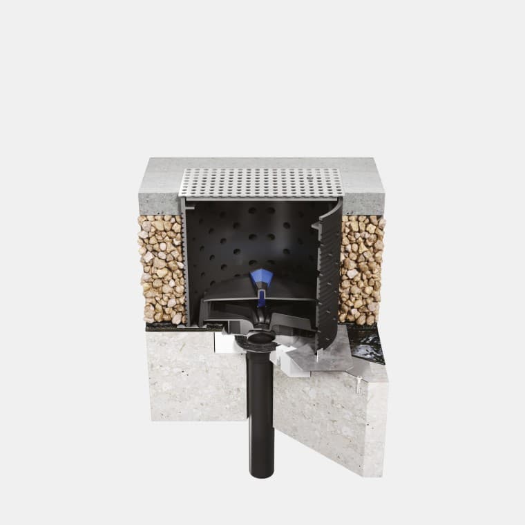 Instalación de Geberit Pluvia sobre cubierta transitable de hormigón con lámina bituminosa Instalación de Geberit Pluvia sobre cubierta transitable de hormigón con lámina bituminosa