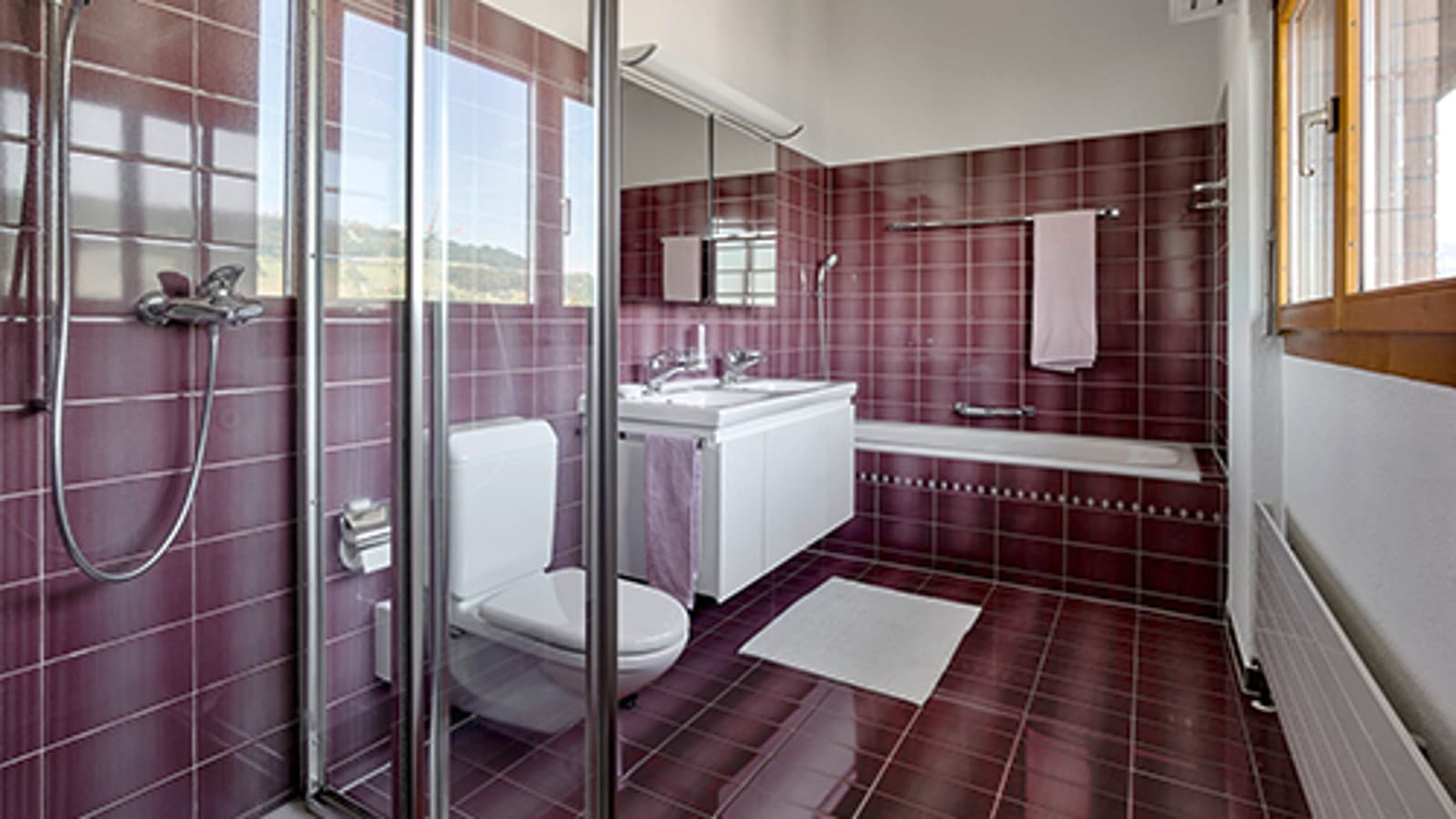 Baño antes de la reforma con azulejos rojos Baño antes de la reforma con azulejos rojos