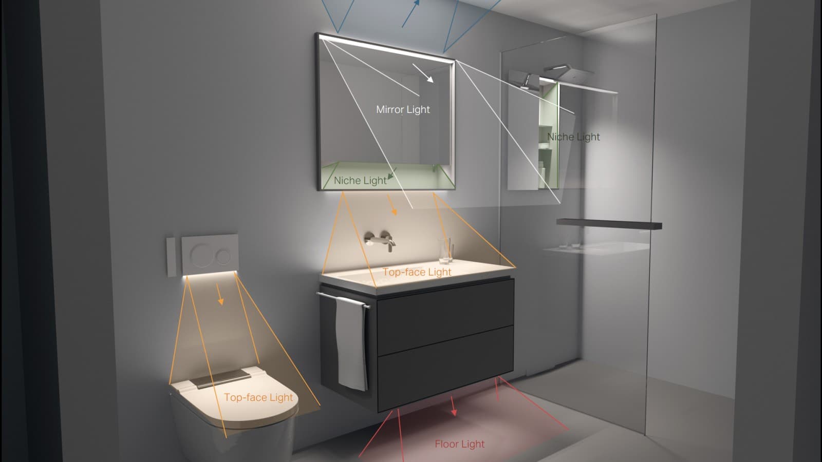 La imagen muestra diferentes zonas iluminadas en el baño: en el WC, lavabo y ducha (© Tribcraft) La imagen muestra diferentes zonas iluminadas en el baño: en el WC, lavabo y ducha (© Tribcraft)