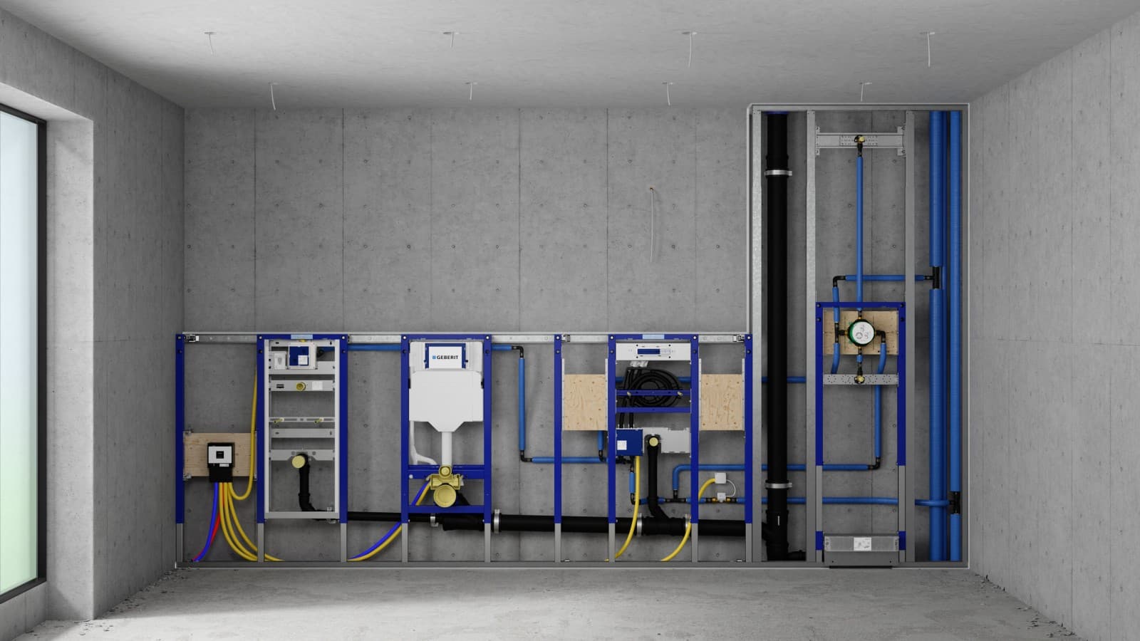 Pared de instalación con bastidores Geberit Duofix para urinario, inodoro, lavabo y ducha Pared de instalación con bastidores Geberit Duofix para urinario, inodoro, lavabo y ducha